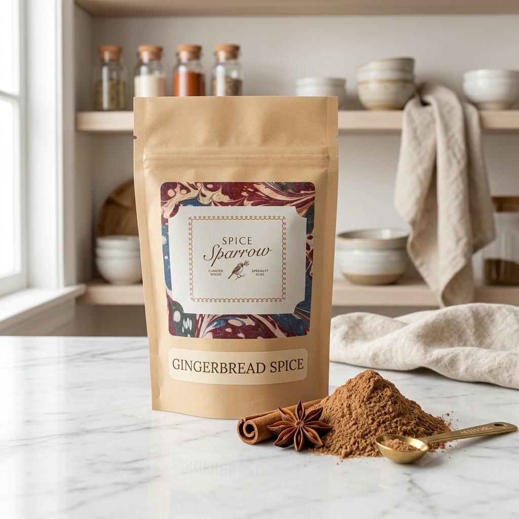 Spice Sparrow Gingerbread Spice packaged in a kraft paper barrier pouch sitting on a white marble countertop, featuring a pile of loose gingerbread spice blend, a gold measuring spoon, a cinnamon stick, and a star anise resting beside it.