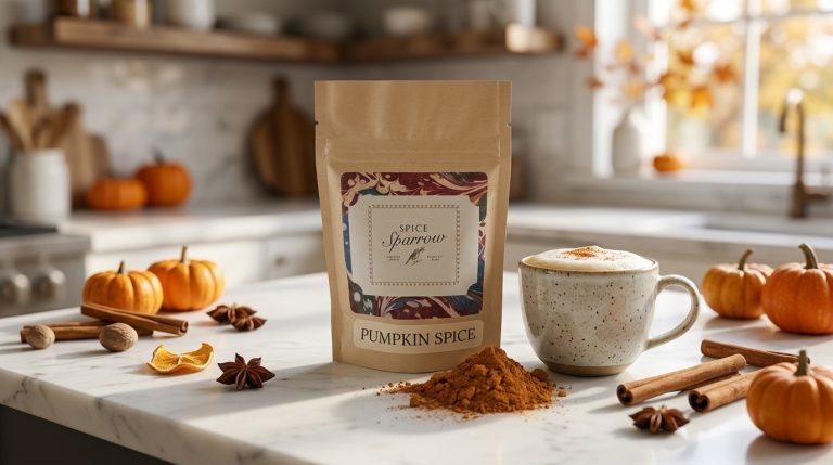Spice Sparrow Pumpkin Spice packaged in a kraft paper barrier pouch sitting on a white marble countertop, surrounded by autumn baking ingredients, mini pumpkins, and a steaming spiced coffee.