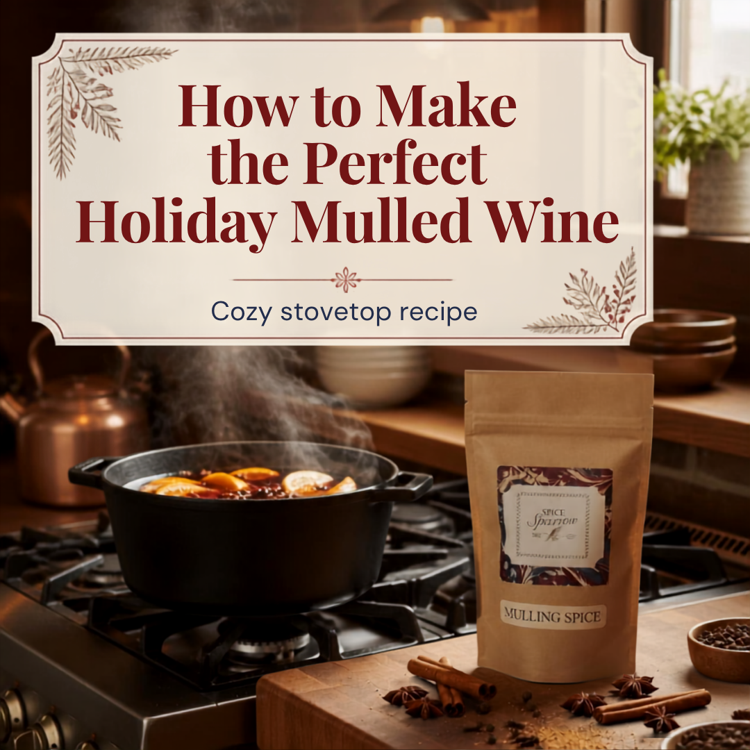 A cozy winter kitchen scene featuring a heavy cast iron pot simmering mulled wine on a stovetop. In the foreground sits a Spice Sparrow Mulling Spices kraft paper barrier pouch next to raw whole cinnamon sticks and star anise.