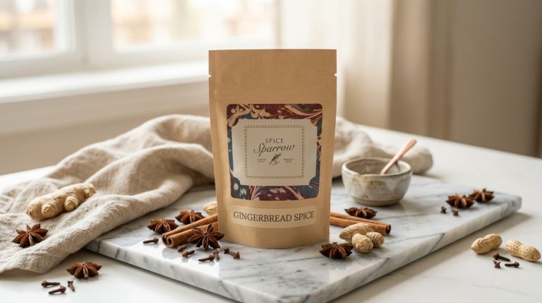 Spice Sparrow Gingerbread Spice packaged in a kraft paper barrier pouch sitting on a white marble countertop, surrounded by cinnamon sticks, star anise, and fresh ginger root on a linen cloth.