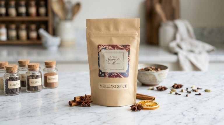 Spice Sparrow Mulling Spice packaged in a kraft paper barrier pouch sitting on a white marble countertop, surrounded by whole cinnamon sticks, star anise, cloves, cardamom pods, and a dried orange slice.