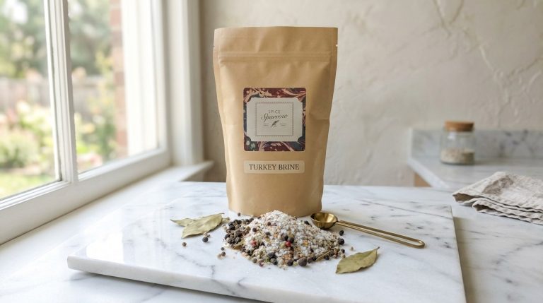 Spice Sparrow Turkey Brine packaged in a kraft paper barrier pouch sitting on a white marble countertop, surrounded by a pile of coarse sea salt, whole peppercorns, bay leaves, and a gold measuring spoon.